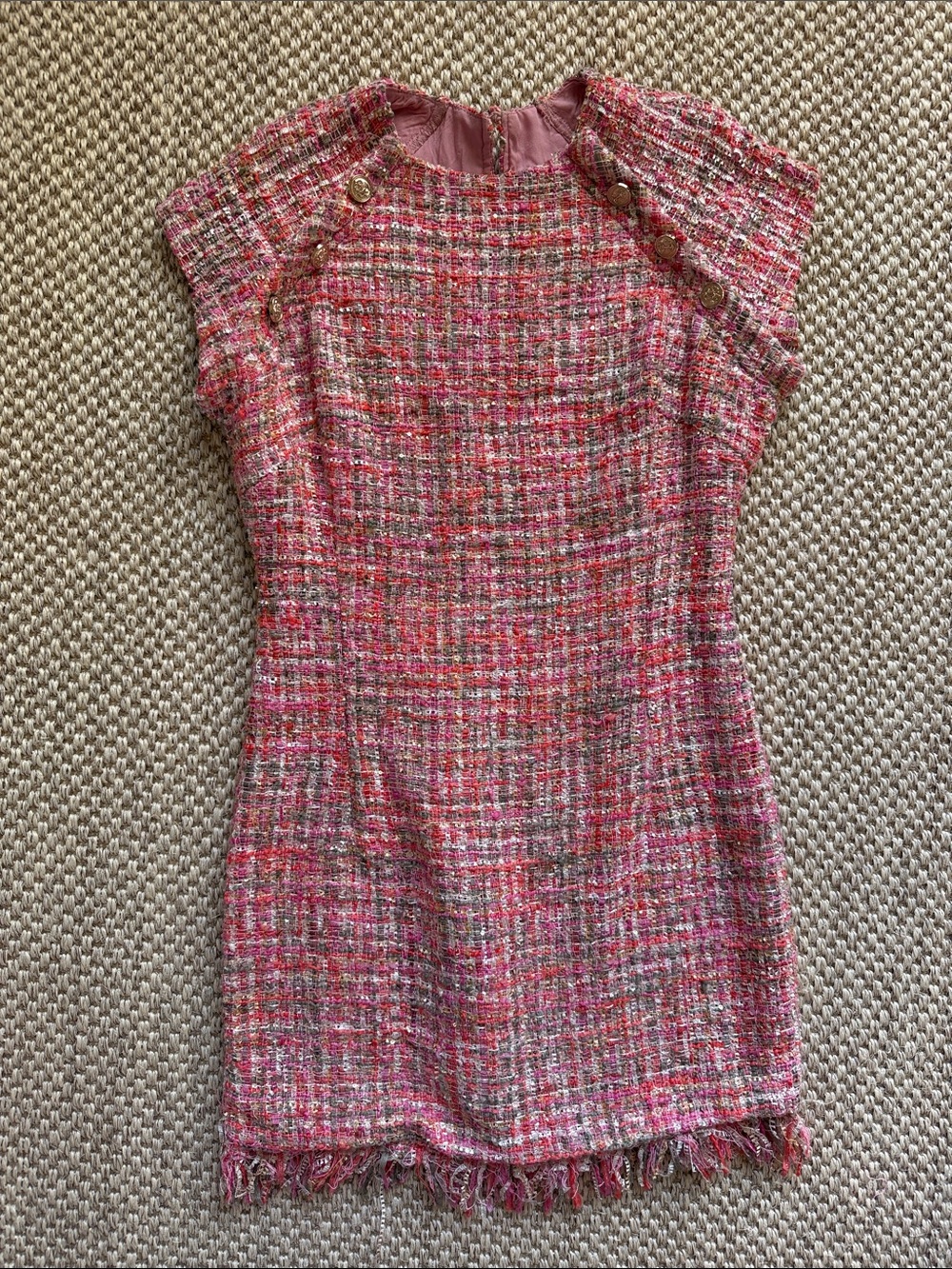 Pink Tweed Cap-Sleeve Mini Dress with Fringe